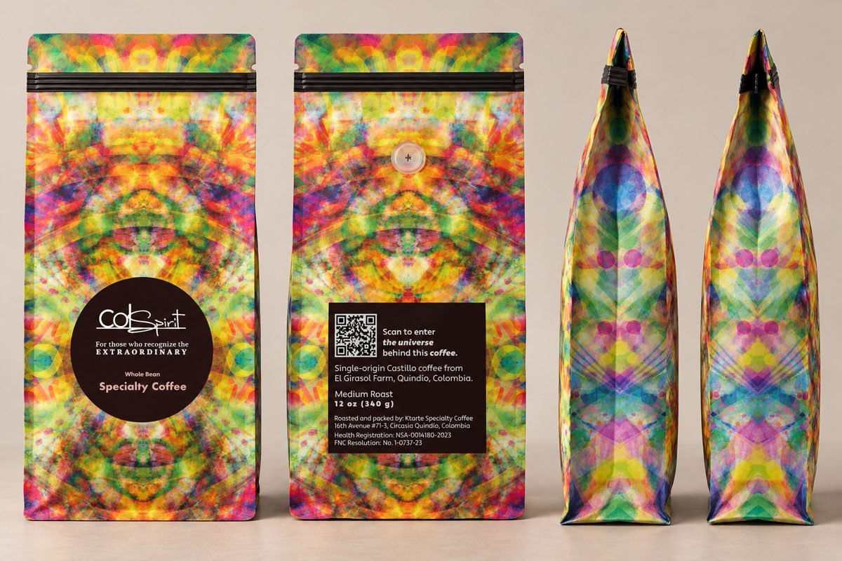 Presentación del empaque de café ColSpirit Extraordinary con la obra caleidoscópica de Gloria Jaramillo